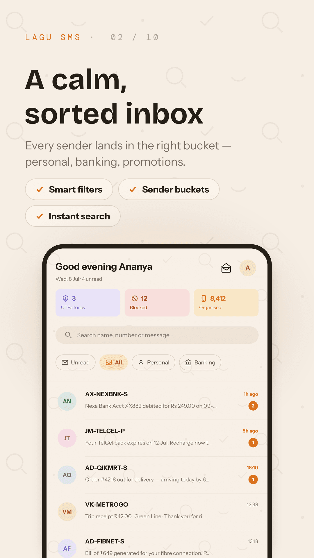 A calm, sorted inbox with smart filters and sender buckets