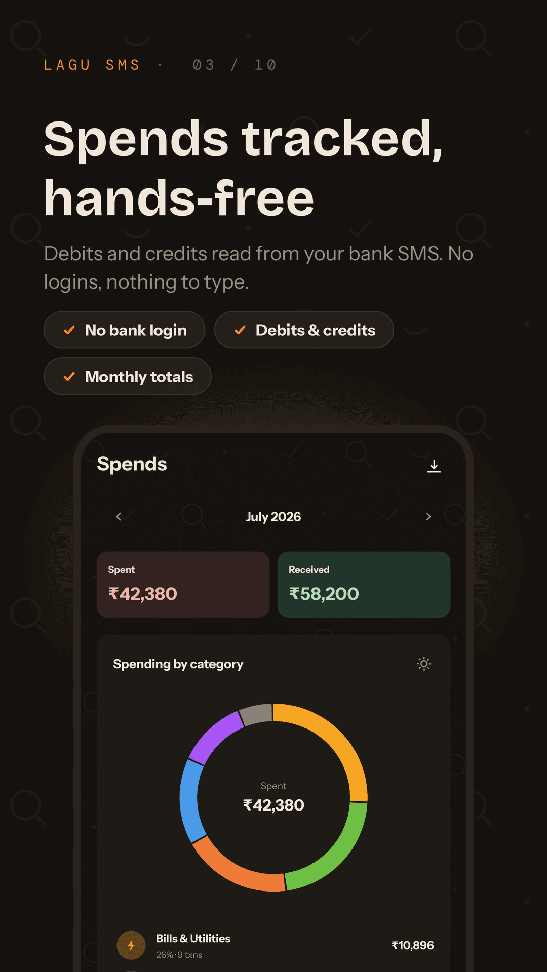 Spends screen showing money spent and received, read from bank SMS