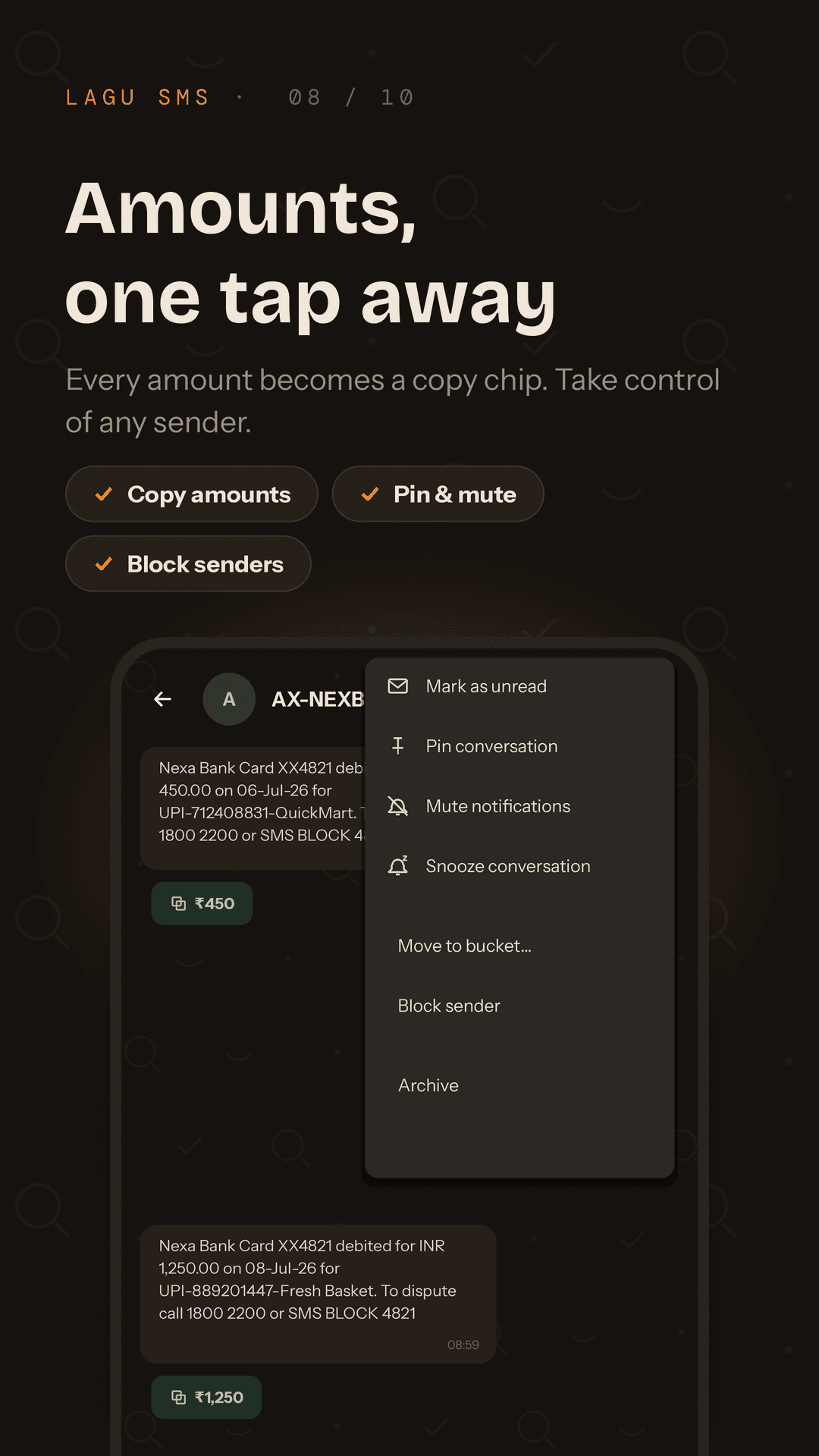 Message thread with tappable copy-amount chips and sender controls