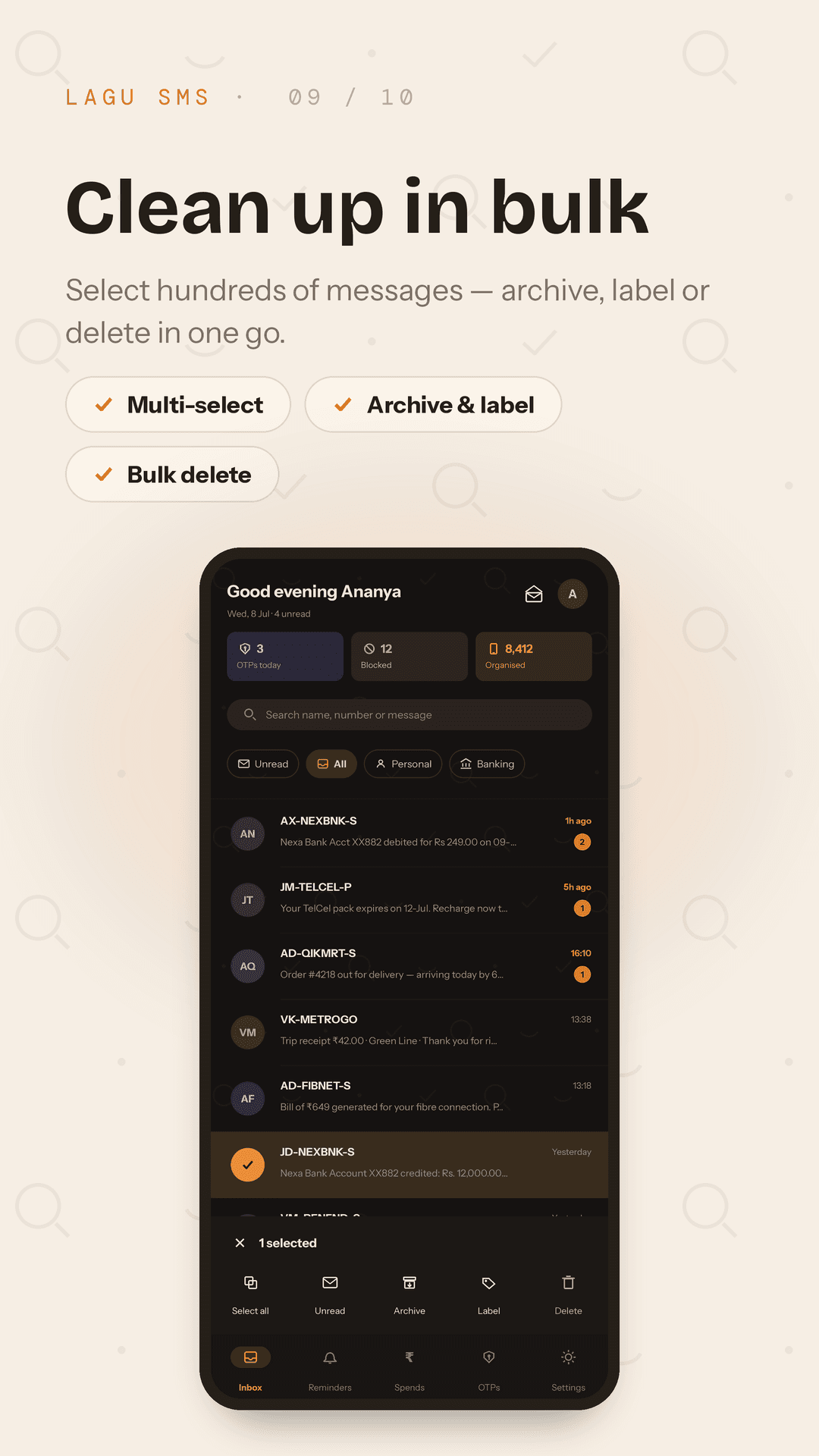 Multi-select bulk archive, label, and delete for messages