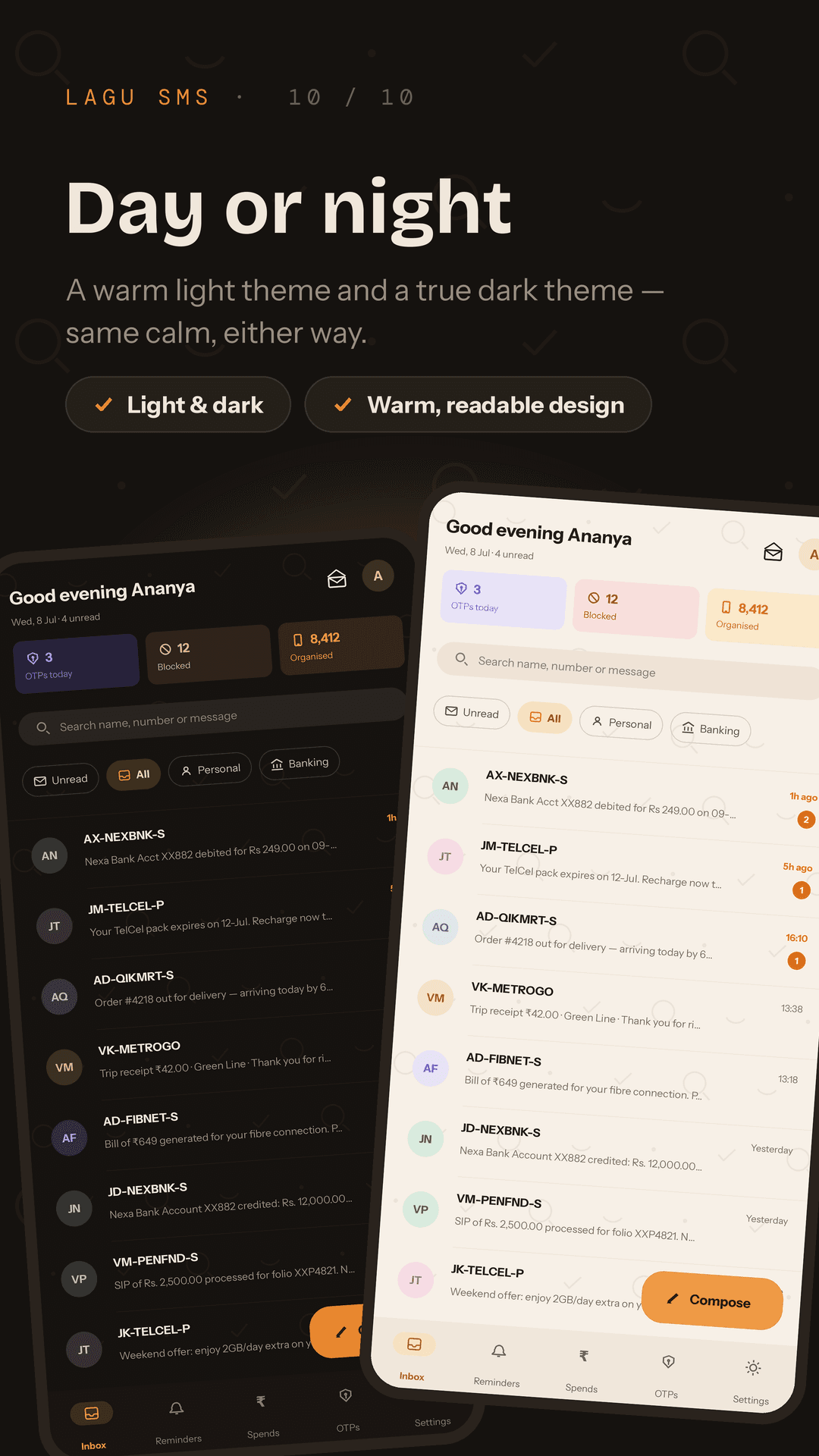 Lagu SMS shown in both light and dark themes