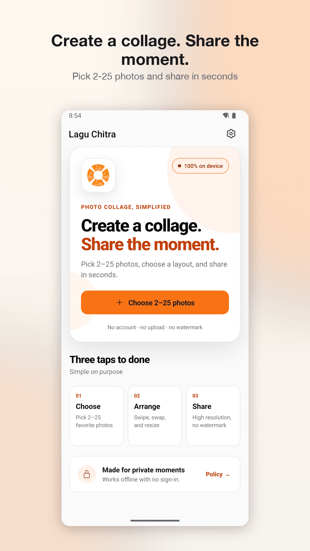 Lagu Chitra home screen with a Choose 2–25 photos button and a three-step Choose, Arrange, Share summary