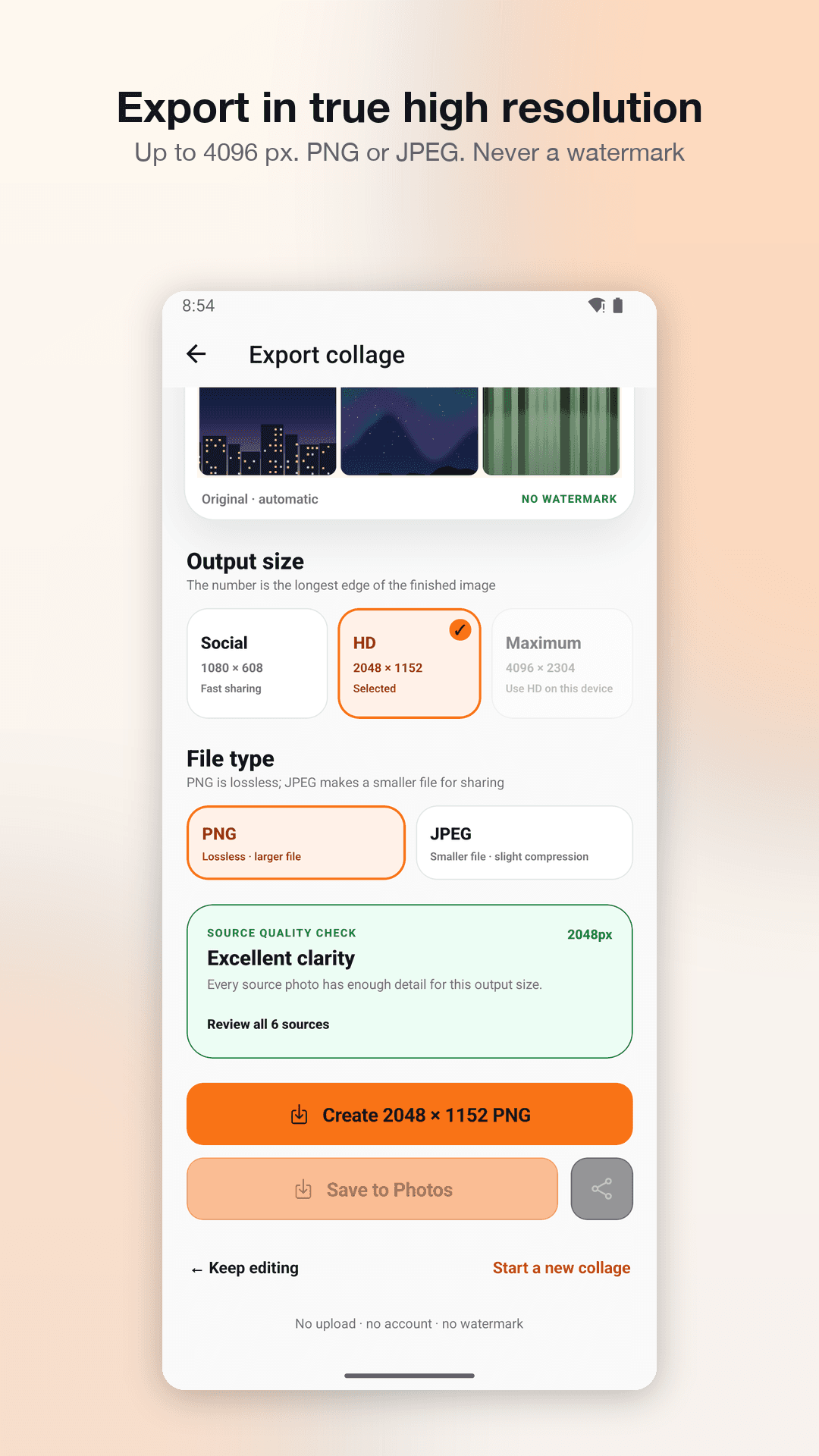 Export screen with Social, HD, and Maximum output sizes and PNG or JPEG file types