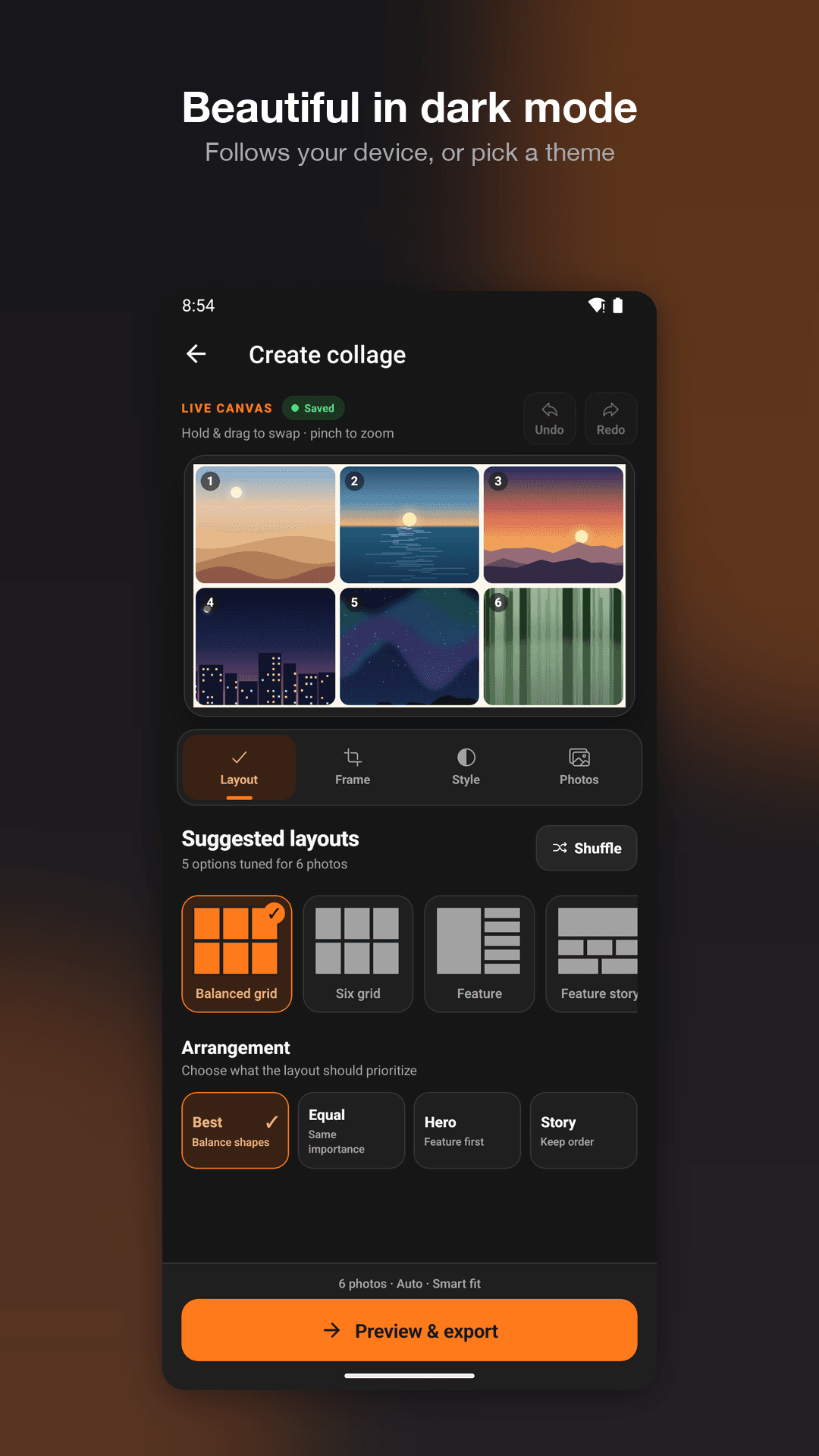 The collage editor in dark mode