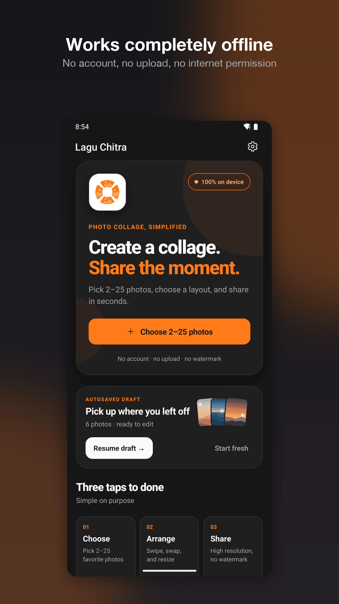Home screen in dark mode with an autosaved draft ready to resume