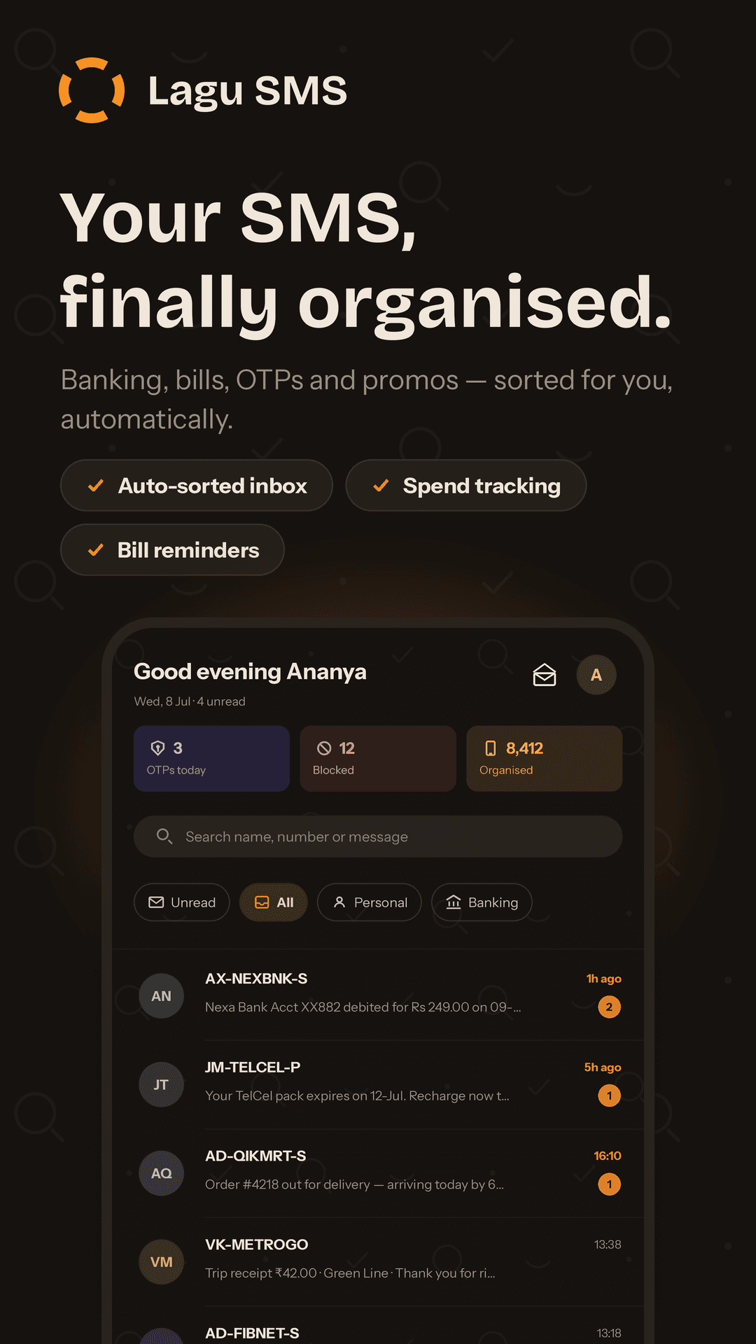 Lagu SMS app showing an auto-sorted inbox with OTPs, blocked messages, and organised conversations